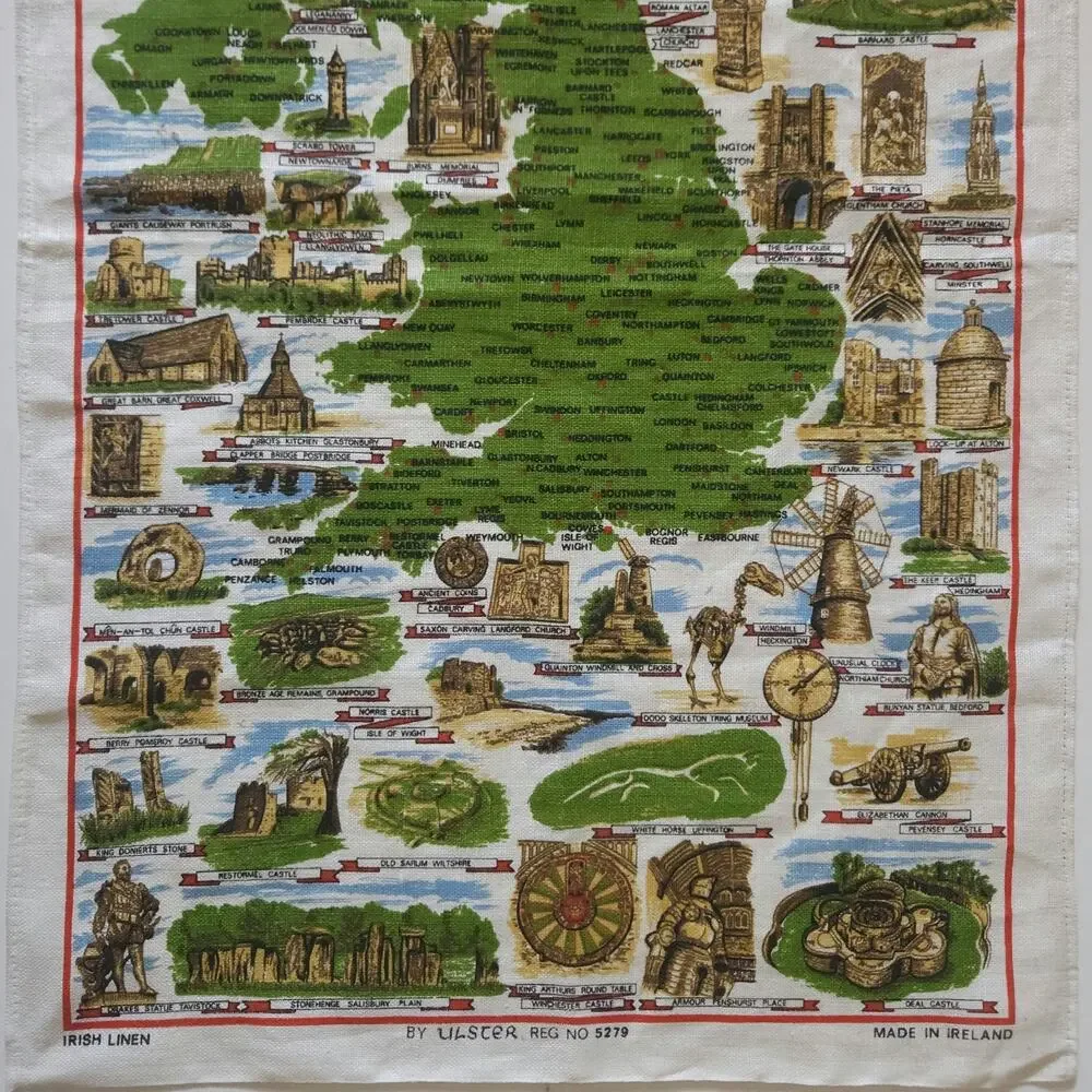 Vtg Irish Linen Kitchen Dish Tea Towel Britain Souvenir Map Wall Art Repurpose